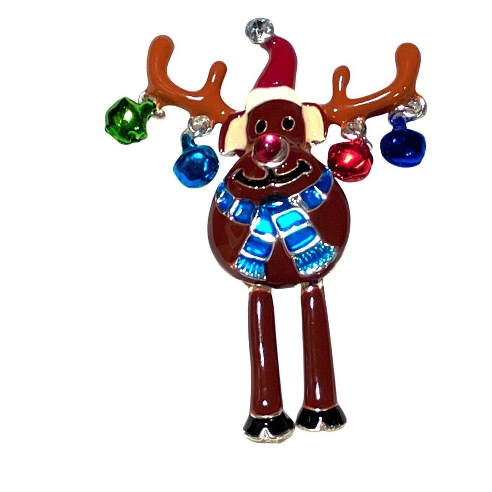 Festive Reindeer Brooch Pin With Colorful Jingle Bells and Santa Hat Design